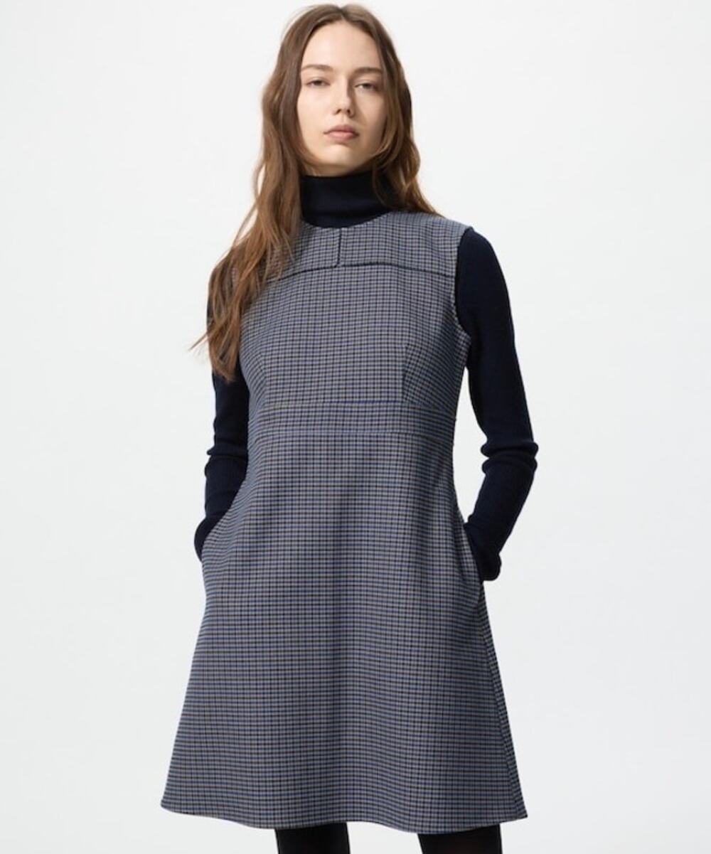 Uniqlo Blue, Gray & Black Plaid Retro Pinafore Jumper Knee Length Dress